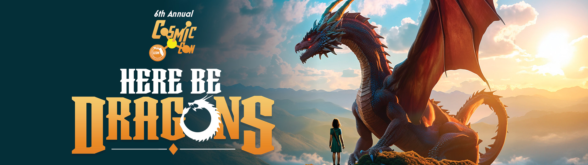 A red dragon stands atop a mountain with a young woman. The two are surrounded by a sunlit sky and the words "Here Be Dragons."